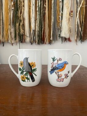White Ceramic Bird Print Mugs - Set of 2 vintage like new